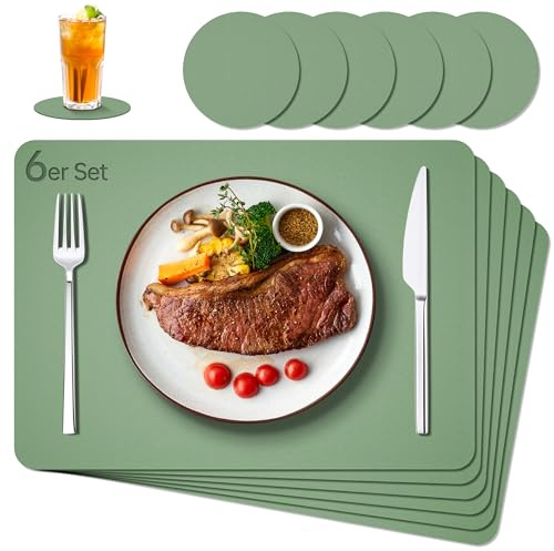 IKWOLETI Tischsets Abwaschbar mit Untersetzer - 6er Set Platzsets Abwaschbar aus Kunstleder - Doppelseitige Platzdeckchen in Lederoptik - Ideal für Küche und Büro Grün