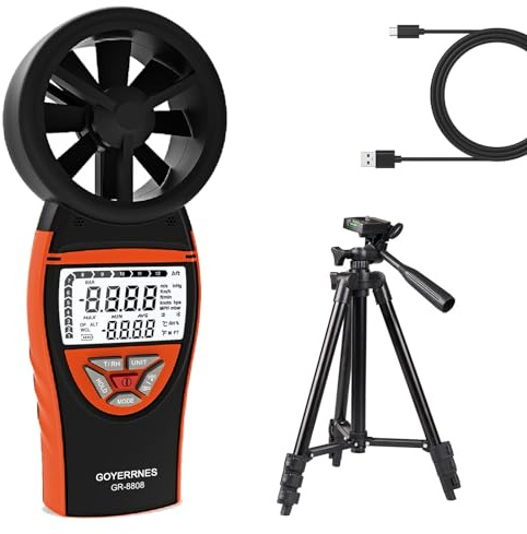 GOYERRNES Handheld Anemometer with Tripod, for Wind Speed Temp Humidity, Digital Rechargeable Air Flow Gauge Meter, Portable CFM Measuring Device for HVAC Outdoor Shooting Golf Drone Flying