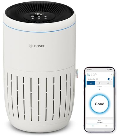 Bosch Air 2000i App-gesteuerter Luftreiniger - Für Räume bis zu 37,5 m² - Entfernt Schadstoffe - Mit 3-in-1 Luftfilter, Smart Sensor, Automatikmodus, Ruhemodus (< 25 dB(A)) - CADR: 180 m³/h