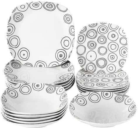 Baroni Home Servicio de platos de 18 piezas de porcelana y gres, servido de mesa colorida para 6 personas, plato hondo, llano, de fruta o postre (círculos negros)