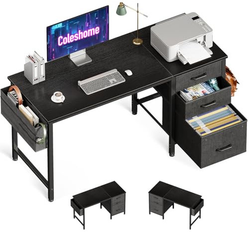 Coleshome Schreibtisch mit 3 Stoff Schubladen, 120x48cm Computertisch mit Kopfhörerhalter, Umkehrbare PC-Schreibtisch Bürotisch für kleines Heimbüro, Schwarz