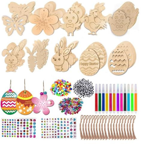 Lavoretti DIY,Ciondolo Pasquale In Legno,Decorazione Pasquale Da Dipingere,264 Pezzi,Con 60 Corde,12 Penne Ad Acquerello,60 Pendenti In Legno Diy,Per Dipingere Conigli In Legno,Pulcini E Uova Colorate