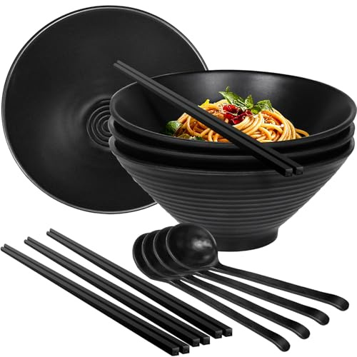 Greentainer Set of 4 Ramen Bowl Set, Melamine Large Japanese Style Noodle Soup Bowls Set with Spoons and Chopsticks for Ramen, Pho, Noodles, Asian Dishes Black,Large Bowl for Adults| Dishwasher Safe