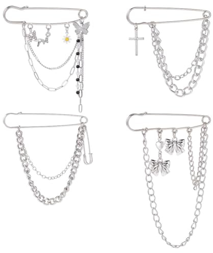 DELORIGIN 4 piezas Mariposa Colgante Largo Cadena Broche Pin Plata Pajarita Cruzada Pin de Seguridad Punk Abrigo Broches para Traje Solapa Camisa Corbata Sombrero Bufanda, Metal no precioso