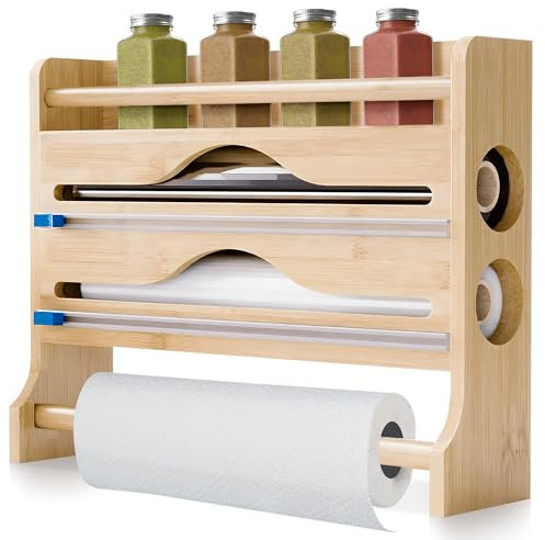 Portarrollos de Cocina de Bambú 3 en 1 con Cortadores – Dispensador de Pared para Papel de Cocina, Aluminio y Film Transparente – Organizador Natural, Funcional y Estético