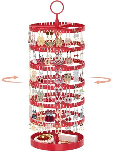 iDavosic.ly Ohrring Aufbewahrung Ohrringhalter, 6 Etagen 342 Rillen, Rot | Drehbarer Höhenverstellbarer Ohrringständer Ohrringe Organizer aus Kunststoff mit Metalltablett, Earring Stand für Ohrstecker