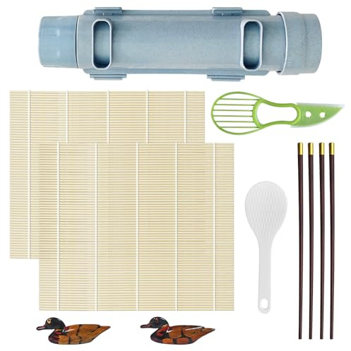 9 Pcs Sushi Making Kit,Home DIY Sushi Maker Includes Bamboo Sushi Rolling Mats,Rice Paddle,Green Splitter,Chopstick Rests,Chopsticks,Sushi Rolling Tool for Homemade Sushi Lovers