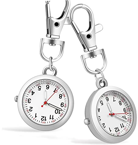 Homoyoyo Lot de 2 Montres Mousqueton de Poche Argenté avec Aiguilles Lumineuses et Verre en Acier Inoxydable, Design Créatif pour Hommes et Soignants, Portable avec Boucle Pendentif