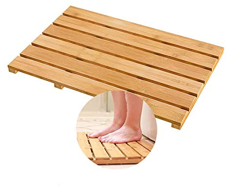 Tapis de Douche en Bambou – Tapis de Bain antidérapant et imperméable en Bois, 50 x 50 cm | Tapis de Sol caillebotis intérieur/extérieur pour Salle de Bain, Design écologique en Bambou Natur
