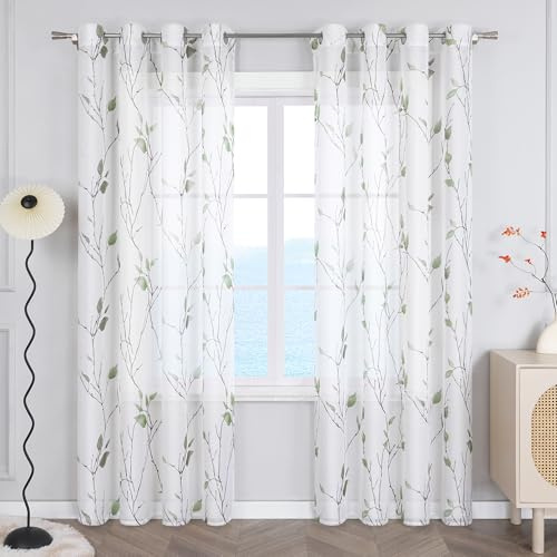 ESLIR Gardinen mit Ösen Vorhänge Gardinenschals Transparent Dekoschals mit Blumen Muster Landhaus Grün BxH 140x225 cm 1 Stück