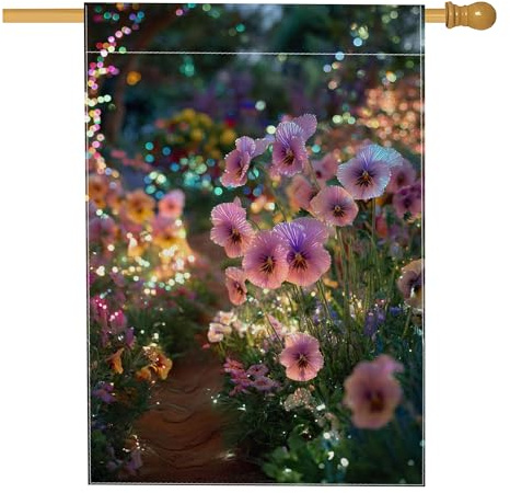 Drapeau floral de jardin printanier et été, pensée pêche, lumières LED, bannière de décoration de cour, double face en polyester, décoration de pelouse pour fête de vacances, 71 x 101,6 cm
