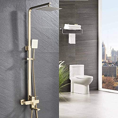 Brushed Gold Wall Mounted Shower Mixer Set - Large Rain Shower & Bath Faucet for Luxurious Bathroom Experience Modern Design Easy Installation