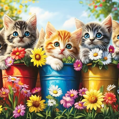 DPHERO DIY Drei Kleine Kätzchen Diamant Painting Kits Bilder für Erwachsene Anfänger,5D Wildblumen Diamond Painting Set,DIY Runde Steine Katze Diamant Kunst Kits, Diamond Art für Zuhause Dekor 30x30cm