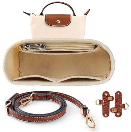 Bomtop Bandoulière et Organisateur pour Sac Longchamp Mini, Réglable Bandoulière Femme – Marron, Beige Mini Organiseurs de Sac à Main – Poches Multiples, Cuir Lanière et Feutre Organizer