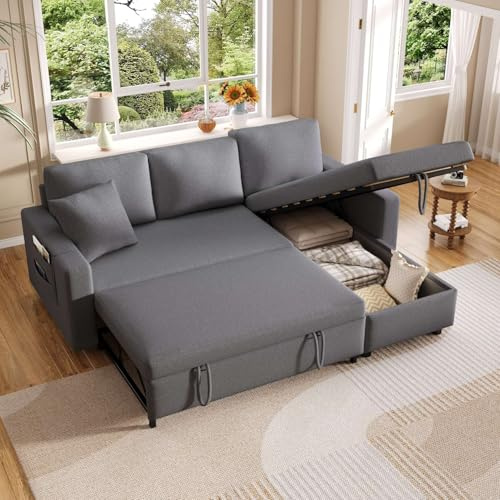 EURHCIO Canapé d'angle Convertible,Canapé Lit Convertible avec Coffre de Rangement et Poches latérales,3 Places,Forme de L,Design Pliant,Fauteuil Lounge pour Salon (Gris foncé-Lin -C)