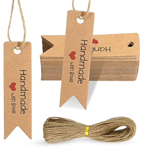 100 Stück Handmade Label Geschenk Anhänger Hochzeit Anhänger Kraftpapier Etiketten mit 20M Juteschnur Papieranhänger für Valentinstag Geschenkverpackung