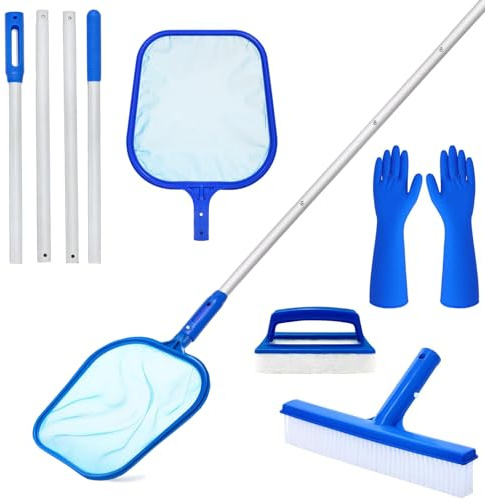 Pool Kescher mit Teleskopstange,185 cm Kescher Pool Feinmaschig,Teichkescher mit Poolbürste, Reinigungsbürste und Handschuhe geeignet für Schwimmbäder, Teiche, Planschbecken, Whirlpools poolnetz Set