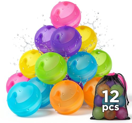 Kosmoflux 12 Stück Wasserbomben Wiederverwendbar Selbstschließend, Nicht Magnetische Silikon Wasserballons Schnell Befüllbar, BPA-Freies Wasserspielzeug für Outdoor Pool Strand (Kinder & Erwachsene)