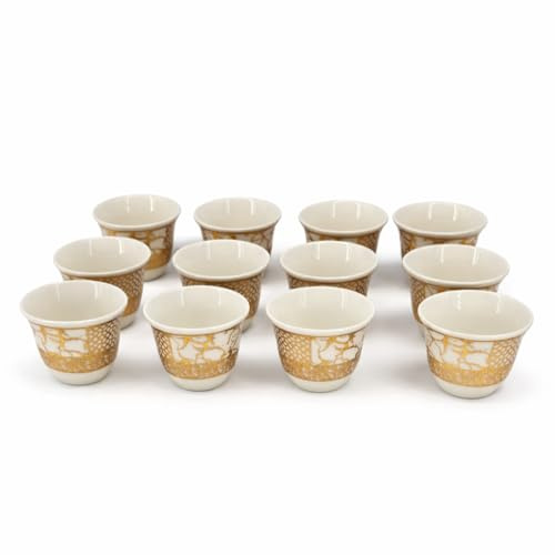 Arabische Kaffeetassen Set, Porzellan, Weiß mit Gold-Design, 12 Stück, 70 ml, Orientalisch (Gold Weiß)