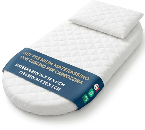 Manami® Materasso Culla e Navicella con Cuscino, Made in Italy, Cotone Trapuntato Sfoderabile, Materasso Carrozzina Traspirante per Neonato, 74x34x6 cm