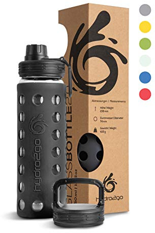 Hydro2Go gourde avec paille en verre 550 ml avec couvercle en silicone, va au lave-vaisselle, 2 couvercles interchangeables, 100% étanche