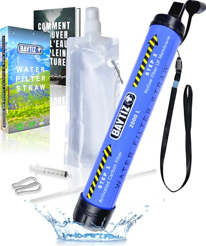 BAYTIZ ® Filtro Acqua Portatile - Cannuccia Filtrante + Borraccia Trekking Kit di Sopravvivenza Depuratore Pompa Purificatore Bottiglia Mini Filtri Water Idratazione Emergenza Pastiglie Purificazione