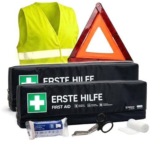 KFZ-Verbandtasche inkl. Warndreieck und Warnweste nach aktueller DIN 13164:2022 | Gültig für 2026 | Verbandkasten/Erste Hilfe Set für PKW/Auto/Motorrad (2x KFZ-Verbandtasche lang)