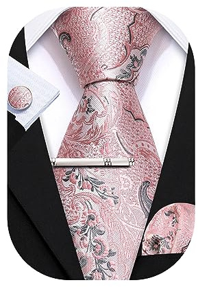 Barry.Wang Paisleymuster, Einstecktuch, Manschettenknöpfe, Seide, Blumenmuster, Einstecktuch, Hellrosa und graue Blume, Einheitsgröße