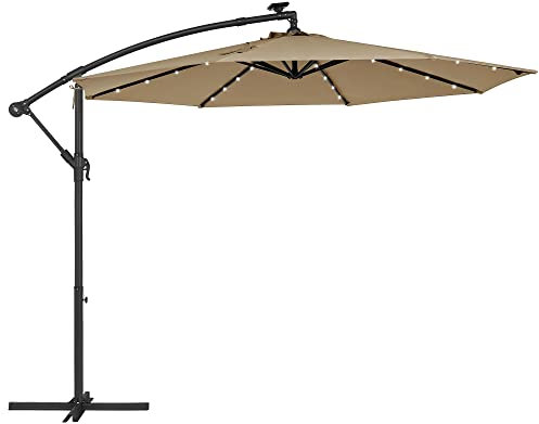 SONGMICS Sombrilla para Balcón con Iluminación LED Solar, Brazo de 300 cm de Diámetro, 32 Luces, con Base, Parasol UPF 50+, con Manivela, para Terraza, Jardín, Topo GPU118K01