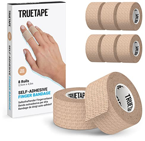 TRUETAPE Fingerpflaster | 8x Rollen selbsthaftende Pflaster für die Finger (2,5cm x 4,5m) | Tape Verband selbstklebend I Schmutzabweisendes Pflasterband I schmale Haftbandage (Beige)