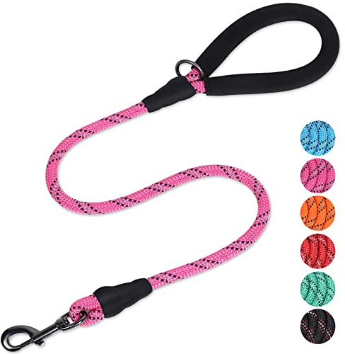 VIVAGLORY Rope Dog Lead Roperex Dog Lead, 90 x 0.8cm, Pink | Leash with Soft Padded Handle for Walking & Training, Strong Rope & Reflective Heavy Duty for Puppy