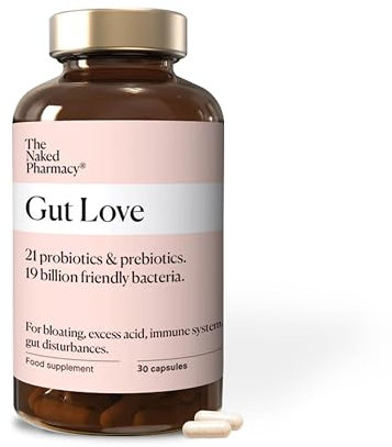 The Naked Pharmacy | Gut Love | Natural Probiotic & Prebiotic for Gut Health | High Strength | Digestive Supplements | Vegan | 30 Capsules