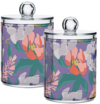 linqin Qtip Halter für Wattestäbchen, Badesalz, Baumwollrund, 284 ml, transparentes Kunststoff-Qtip-Glas mit Deckel für Badezimmer, Wattestäbchenhalter, helle Farben, Blumen-Organizer, 4 Stück