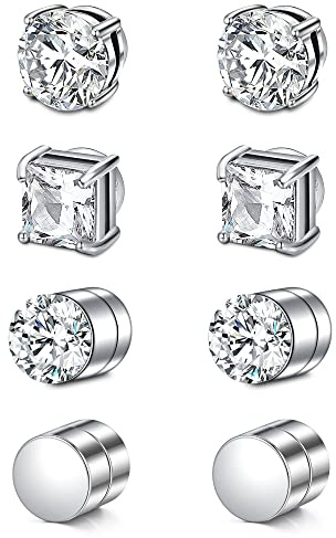 D.Bella Pendientes magnéticos de circonita cúbica falsa para mujeres, hombres y niñas, plata, metal, acero inoxidable, Metal, acero inoxidable