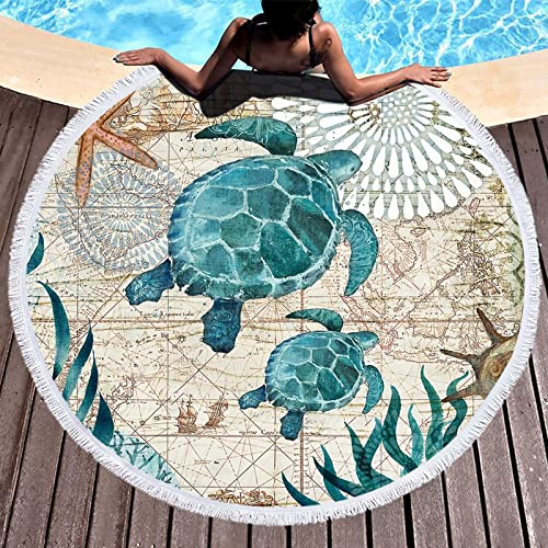 LXTOPN Toalla de playa redonda, toalla de playa de microfibra de tortuga marina para manta de playa, toalla de baño, esterilla de yoga, manta de camping, manta de picnic,150 cm (azul tortuga 1)