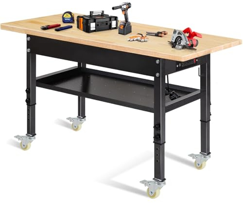 48/60'' Adjustable Workbench, Rubber Wood Top Work Bench Heavy-Duty Work Table with Power Outlet, Wheels, Partition 2000 LBS Load Capacity Hardwood Work Benches for Garage, Workshop, Home, Office