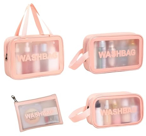 4-Stücke Toilettenartikel Und Make-Up Taschen - Wasserdichte Transparente Reise Kosmetiktaschen - Tragbare Frauen Toilettenartikel Taschen (Rosa)