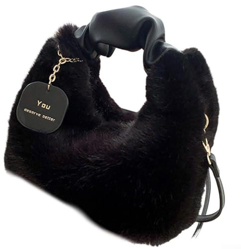 Damen-Plüsch-Hobo-Umhängetasche, , klein, mit Verschluss, für Shopping, Reisen, Schwarz