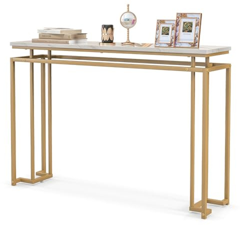 COSTWAY Konsolbord marmorutseende, hallbord smalt, sidobord med metallram, entrébord för entré, vardagsrum, hall, 120 x 30 x 80,5 cm, guld, VH33424ITDE