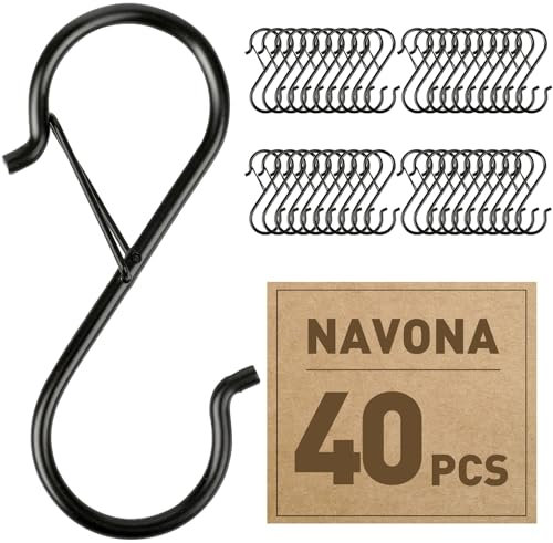 Navona 40 Pcs S Hooks for Hanging Heavy Duty, 3.5-inch Heavy Duty Metal S Hook with Safety Buckle, Suitable for 0.5 inch Rods, S Hook for Hanging Plants, Closet, Kitchen Utensil, Pot, Pan, Bags