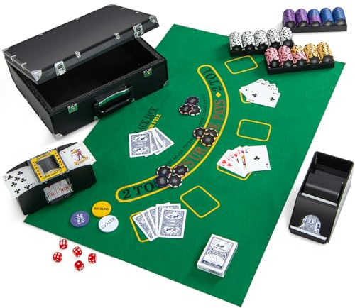 DREAMADE Pokerkoffer mit 300 Laser Poker Chips/ 2 Pokerkarten Set/Kartenmischer/Kartengeber/Spielmatte/ 5 Würfel/ 3 Dealer-Buttons, Poker Komplett Set Pokerset Profi Texas Hold'em (300 Chips)