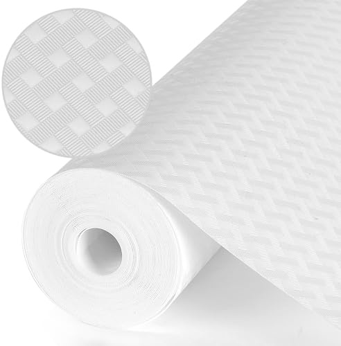 Origuuds Shelf Liners, Non-Adhesive Drawer Liner, Waterproof & Oil-Proof Kitchen Cabinet Cupboard Liner Plastic EVA Material BPA Free Fridge Liner Mats Paper Protector for Shelves (White/30cm x 300cm)