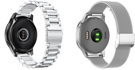 2 Stück Metallarmband Kompatibel mit Garmin Vivoactive 4S Armbänder, Mesh Gewebte Edelstahl Uhrenarmband und Solid Metall Armband für Garmin Vivoactive 4S, Silber Mesh-Solide