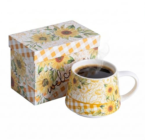 Topadorn 13oz/370ml Ceramic Coffee Mug, Sunflower Print | Matching Gift Box, Ideal for Home, Office & Birthday Gifting