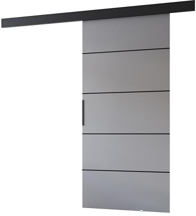 MINIO go for it - Schiebetüren 96 cm, Schiebetür Zimmertür PRIM 1K, Schiebetürsystem für Zimmer, Wandmontage, Türe Innen - Dekorleiste, Oberblende, Türgriff in Schwarz, Grau/Schwarz