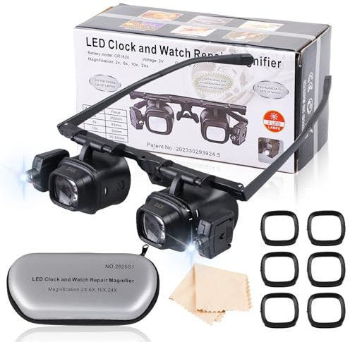 Kopflupe mit Licht, Kopf Lupenbrille für Brillenträger, Lupenglas 2.0X, 6.0X, 10.0X, 24.0X Fach Vergrößerung, Kopflupe Leselupe mit Led Beleuchtung Leselupen Set für Lesen Hobbys Handwerk Brillenlupe