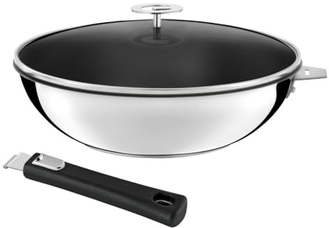 CUISINOX - Malice - Wok 28 cm avec revêtement céramique, couvercle et poignée noire - Fond sandwich - Compatible tous feux dont induction - Acier Inox 18/1 - Finition brillant - Poignée Amovible