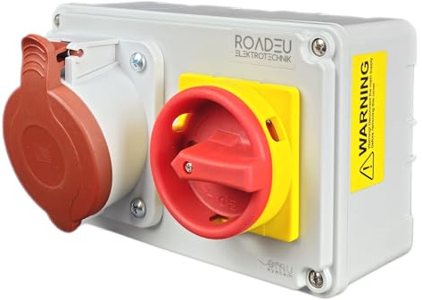 RoadEu – CEE Wandsteckdose 16A 5P 400V | Abschließbarer Hauptschalter (0-1 Nockenschalter) & Zugangssperre | IP44 Stromverteiler Aufputz für Werkstatt & Industrie