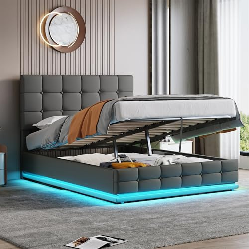 Jtyca Ottoman Double Bed Frame with Storage, Upholstered Bed Frame with Adjustable Headboard, PU Double Bed Frame with Hydraulic and LED-Light Strips, Grey, 4FT6-135 x 190 cm, (No Mattress)