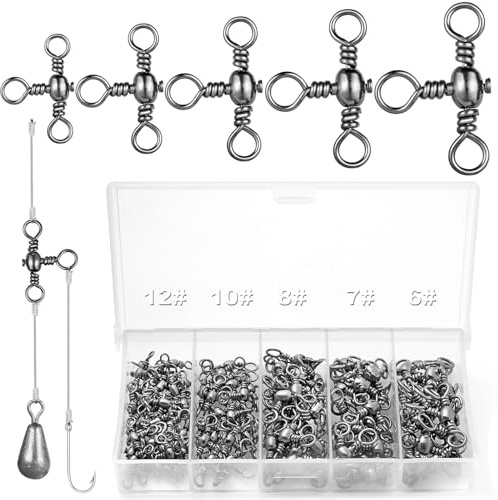 Realure 100Pcs/5 Sizes 3 Way Swivel Fishing Tackle 6# 7# 8# 10# 12# Stainless Steel Three Way Fishing Swivels Saltwater T-Shape Black Nickel Triple Swivel Fishing for Catfish Rig Shaddock Fishing